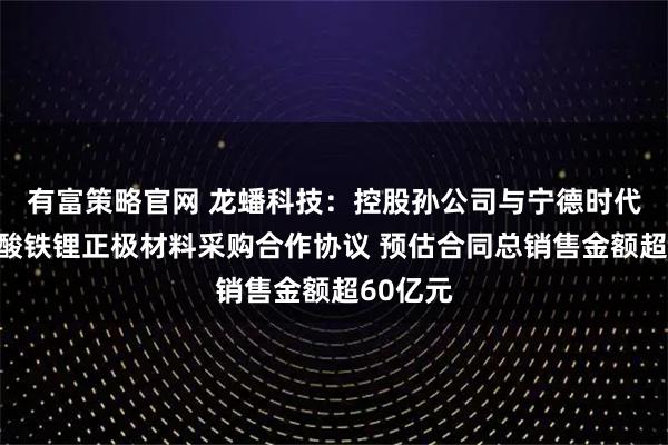 有富策略官网 龙蟠科技：控股孙公司与宁德时代签署磷酸铁锂正极材料采购合作协议 预估合同总销售金额超60亿元
